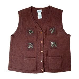 VTG Northern Reflections Embroidered Sweater Vest XL Brown Fall Leaves Cabincore